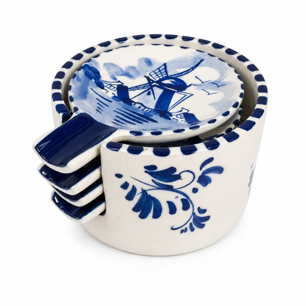 Delfts Blue 5pc Ceramic Ash Tray Set Hand Painted Windmill Floral Blue White